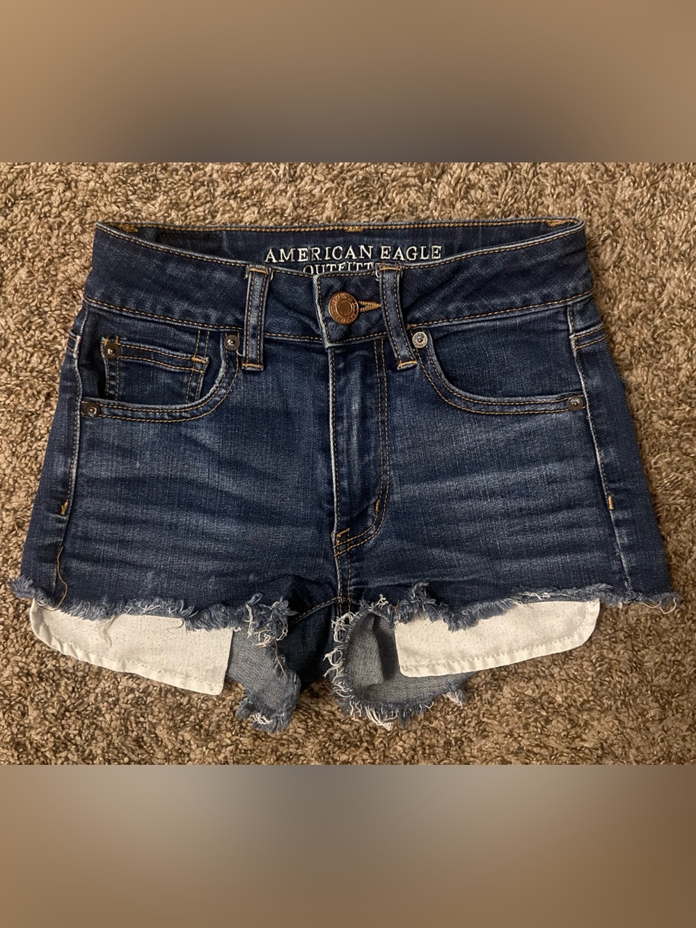 American Eagle High-Rise Dark Blue Denim Shorts with Frayed Hem